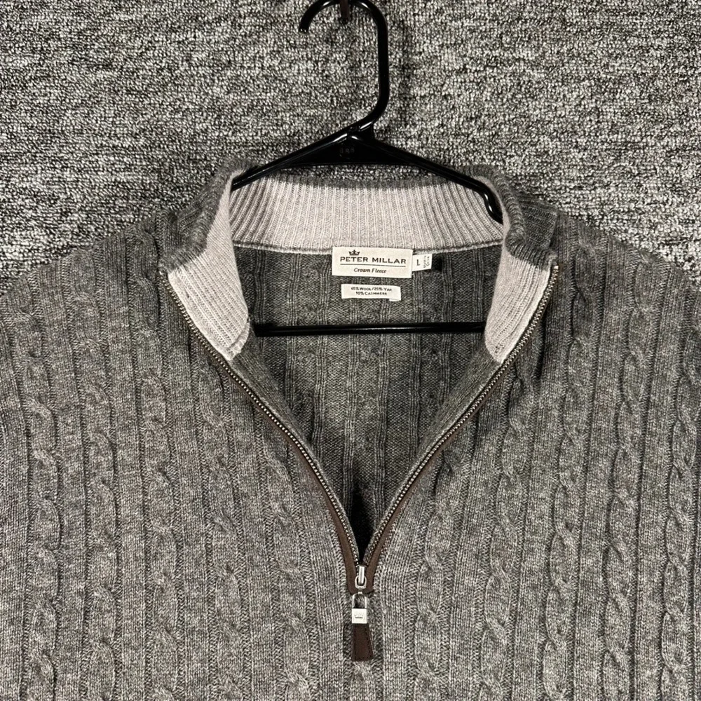Peter Millar Crown Fleece Gray Wool Yak Cashmere Cable Knit 1/4 Zip Sweater L